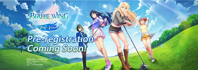 Mobile game “BIRDIE WING -Golf Girls' Story- Golf Venus” pre-registration coming soon poster, featuring Eve, Aoi, Lily Lipman, Amane Shinjo