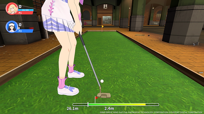 Aoi putting on an indoor putting green, playing against Eve.