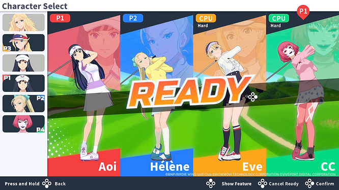 Select from the four characters, Eve, Helene, Aoi, CC of the BIRDIE WING -Golf Girls' Story- in the Nintendo Switch game