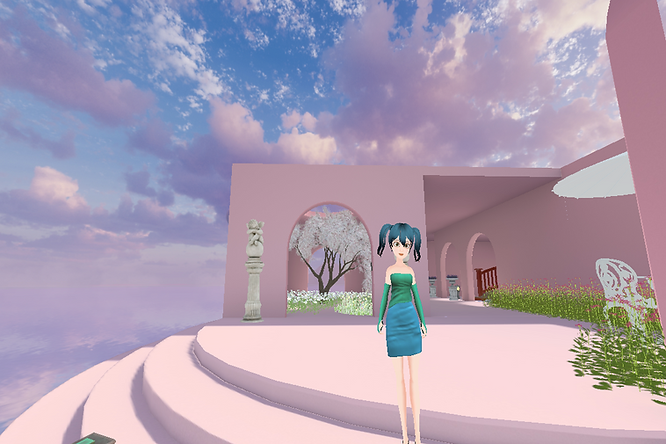 A girl with pigtails standing amid a surreal and dreamy environment