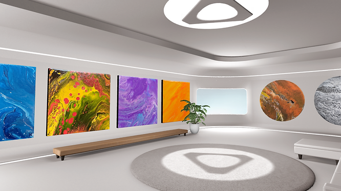 A cozy virtual space in HTC's VIVERSE exhibiting several painting