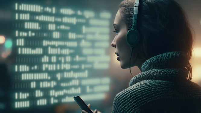 Person speaking to a device that is using speech-to-text AI to convert the spoken words into writing.