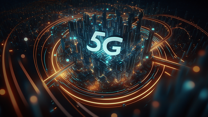 Visualization of a 5G network providing high-capacity, low-latency connectivity to devices within its range.