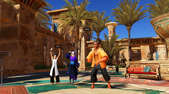 Three Avatars enjoying a multiplayer social experience in the ’Egyptian Gardens’ VIVERSE World, powered by Polygon Streaming.