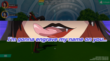 Vipère, the girl with black and red lips sticks her tongue out as she swings her golf club