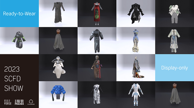 Virtual outfits and digital dresses that are available for purchase in the virtual clothing store, Market 