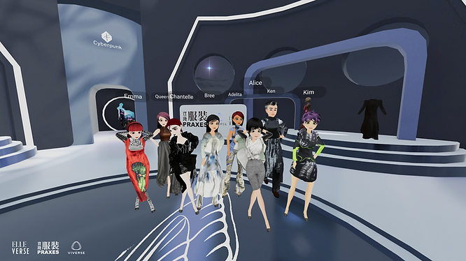 VIVERSE Avatars wearing designer's outfits voguing in metaverse fashion showroom