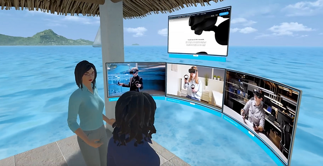 Businessmen and businesswomen in a metaverse meeting.