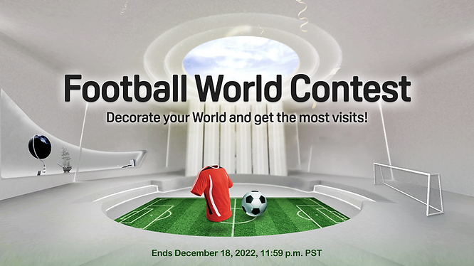 Announcement for Football World contest showing sports jersey, soccer ball, and stadium. 