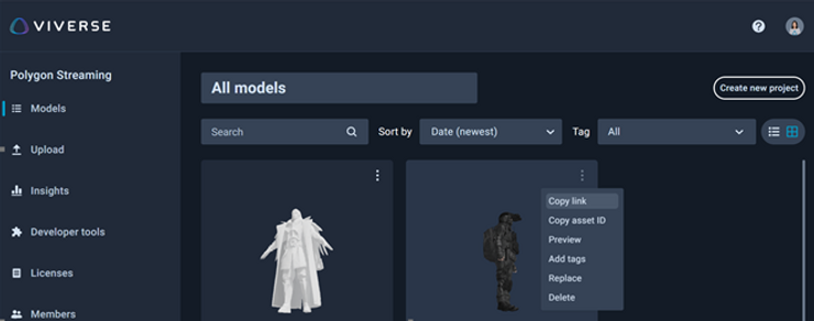 Select “Copy link” for an uploaded 3D model