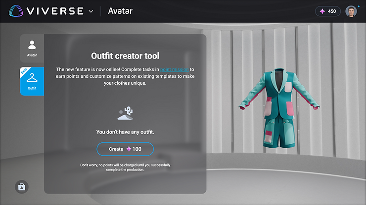 Home page of the Outfit Creator in VIVERSE Avatar