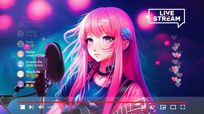 A pink haired VTuber livestreaming with fans’ comments popping up