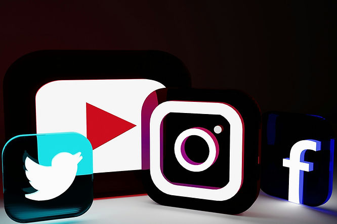 social media logo render of Twitter, YouTube, Instagram and Facebook