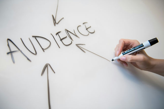 using a white board marker drawing arrows toward the word “audience”