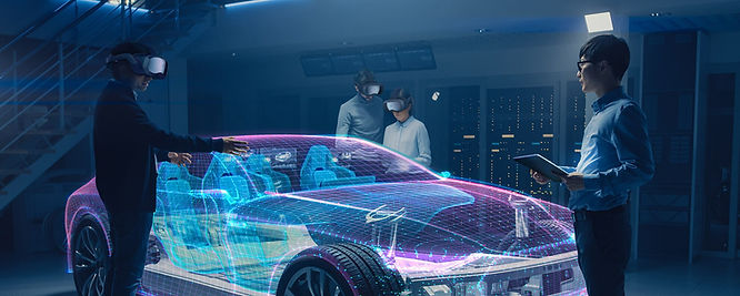 a team collaborating on the automotive design process while wearing VIVE Focus 3 headsets