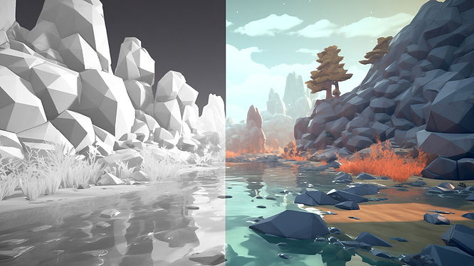 a comparison of black and white and colored natural scenery in 3D