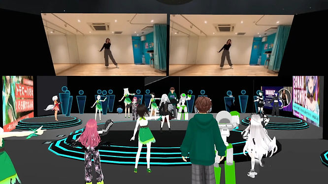 image from Let's Dance in the Metaverse Day event showing multiple avatars dancing with a real-life choreography video