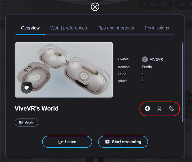 Selecting a social media platform or copying the link to your World to share it
