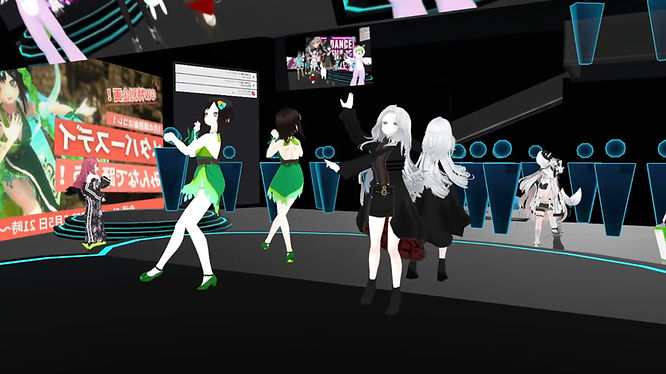 image from Let's Dance in the Metaverse Day event showing multiple avatars dancing using VR full body tracking device