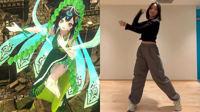 two images showing VTuber Nem and choreographer dancing in the same movement in VR and physical world