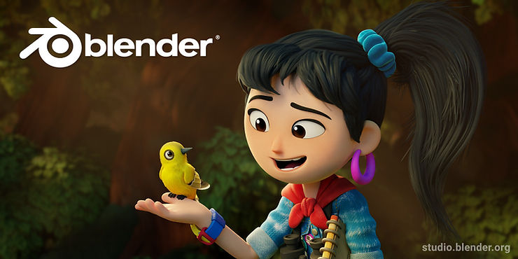 Animated character with a ponytail holds a small, yellow bird on her hand. She's smiling. "Blender" logo and text seen. Forest background.