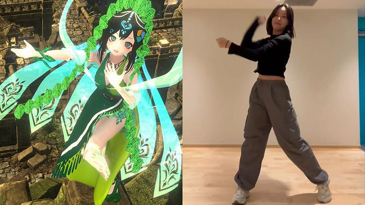 two images showing VTuber Nem and choreographer dancing in the same movement in VR and physical world