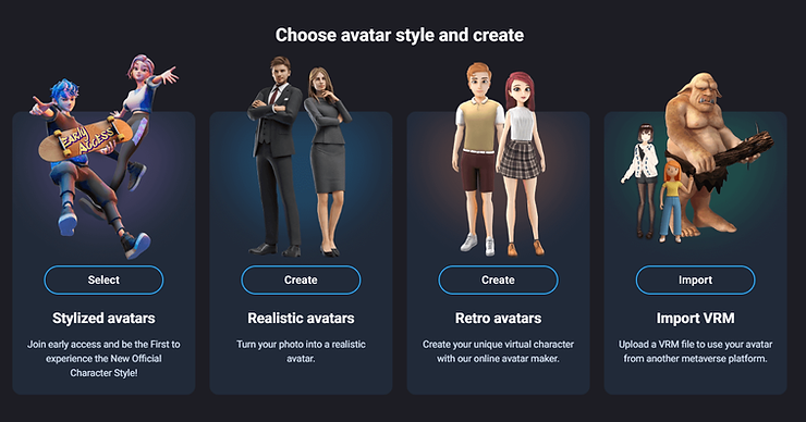 Choose avatar style image: stylized, realistic, retro avatars, and import VRM options. Characters pose on colorful backgrounds. Text: Select/Create/Import.