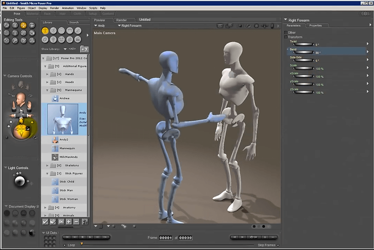 3D animation software interface showing two mannequin figures, one blue with arm extended towards the other. Menus, tools, and sliders visible.
