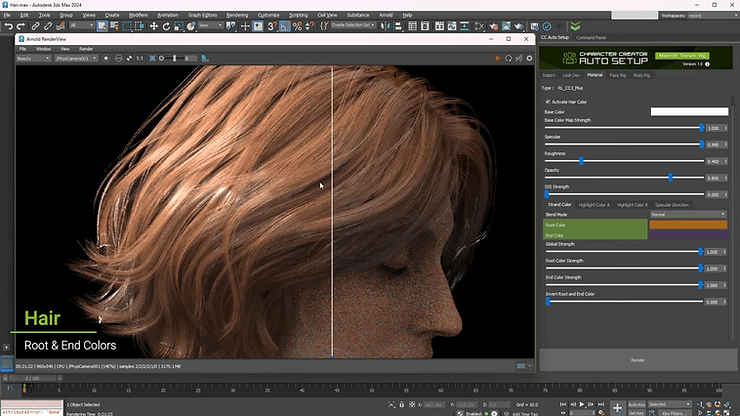 Close-up of digital hair rendering with shading controls in 3ds Max. Interface shows sliders for color and texture adjustments.