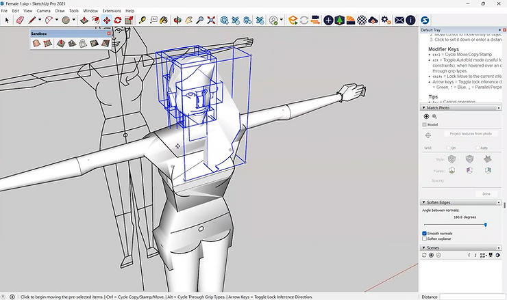 3D modeling software with a wireframe and solid human figure, arms outstretched. Interface menus and tools visible, gray background.