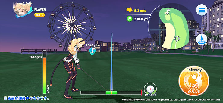 A screenshot of the golf mobile game "BIRDIE WING -Golf Girls' Story- Golf Venus" showing the scene at night