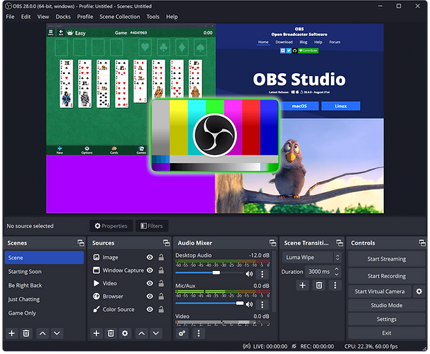 the interface of OBS Studio, with the scene of streaming a PC game