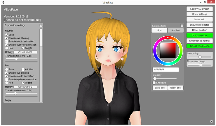 a screenshot of adjusting light settings on a short golden-haired female avatar with bangs on VSeeFace