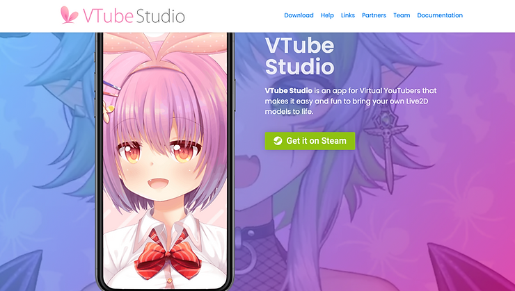 a screenshot of VTube Studio’s website, with a Live2D VTuber on a smartphone