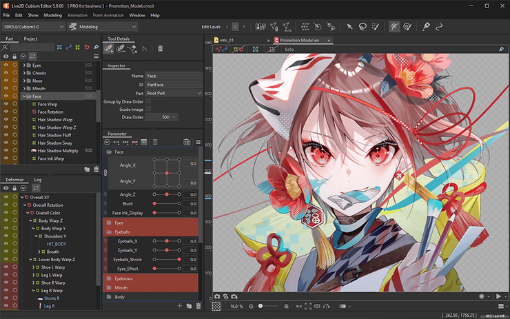 screenshot of modeling an anime female character with Live2D Cubism Editor