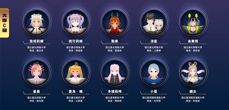 大專C組入圍隊伍包含國立臺北商業大學羅玉芳、陳嘉蓉、張韋婷、江秉燁、黃詩涵、吳玟慧;國立臺北藝術大學江敏豐;國立臺灣藝術大學陳郁娸;國立臺灣體育運動大學杜羿慧、許宸睿