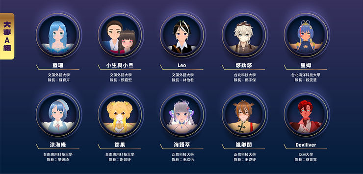 大專A組入圍隊伍包含文藻外語大學蘇育卉、顏嘉宏、林怡君;台北科技大學鄭宇傑;台北海洋科技大學段雯慧;台南應用科技大學廖婉琦、謝佩妤;正修科技大學王欣怡、王姿婷;亞洲大學蔡萱霓