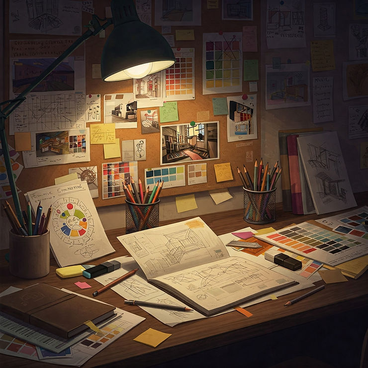 A cluttered desk with sketches, colored pencils, and post-its under a lamp. A corkboard with photos and color palettes in the background.