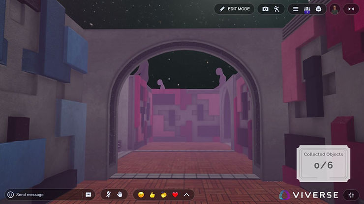 A virtual room with pink and purple geometric walls, viewed through an arch. Starry sky above and interface icons below show "Collected Objects 0/6".