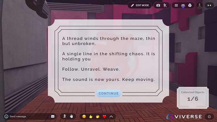 Text on screen: "A thread winds through the maze...Keep moving." Background has red and gray walls, with a "CONTINUE" button below.