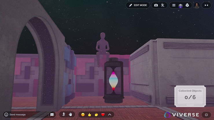 Futuristic scene with a human figure sitting on a wall, colorful hourglass, and geometric patterns under a starry sky. Mood is serene.
