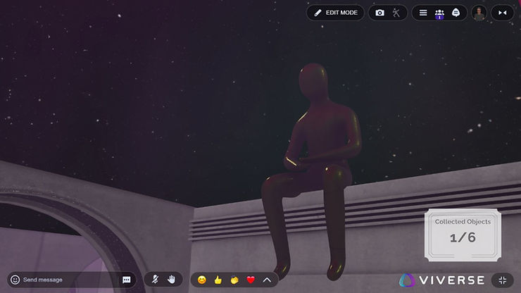A silhouetted figure sits on a ledge under a starry sky. Text reads "Collected Objects 1/6" with VIVERSE logo in corner.