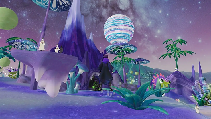 Fantastical landscape with alien plants, colorful sky, and a planet. People in cloaks observe the scene. Mood is mystical and vibrant.