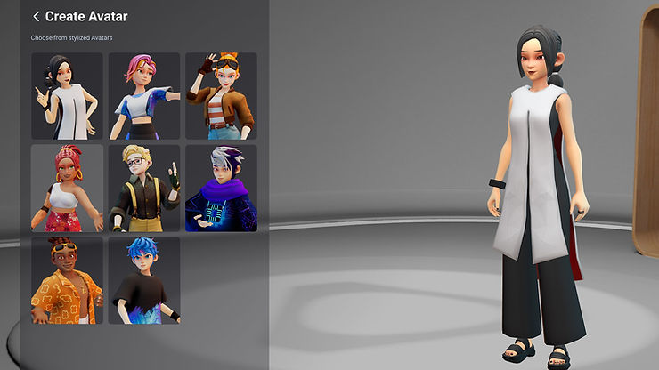 A female avatar stands in a virtual room wearing a white and black outfit. "Create Avatar" menu shows various character choices on the left.