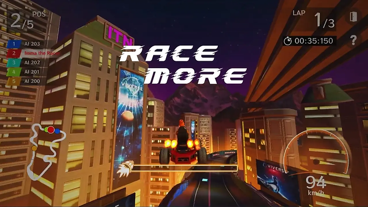 Race car jumping over city rooftops at night. "RACE MORE" text in bold. Colorful buildings and neon lights create a futuristic vibe.