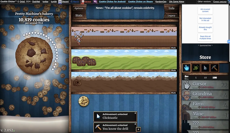 Cookie Clicker game screen with a large cookie, 10,819 cookies counted, grandmas producing cookies, and achievements unlocked pop-ups.