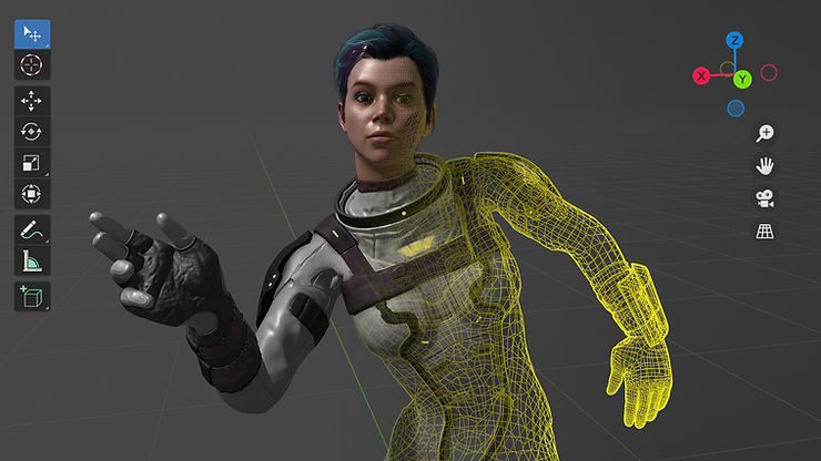 3D-rendered person with short hair in a space suit, partially covered in yellow wireframe. Dark background with 3D modeling tools visible.