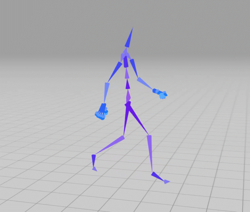 Digital stick figure in gradient blues performs a dance on a grid-patterned floor with a gray background, evoking a playful mood.