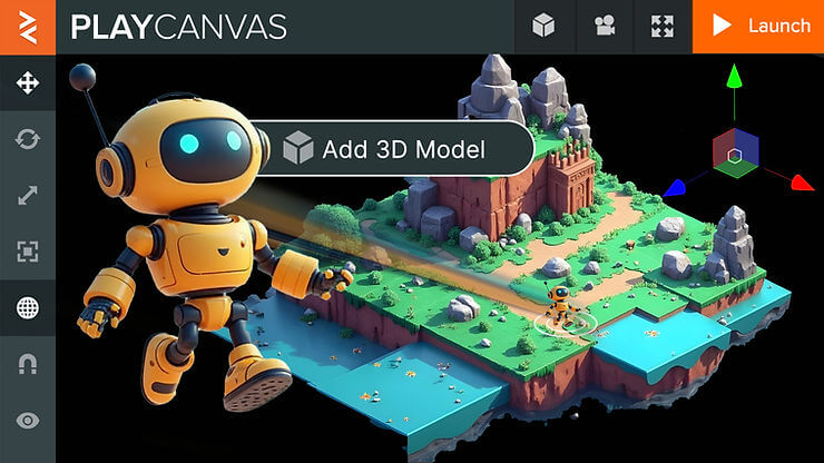 A yellow robot waves above a floating 3D island with rocks and trees. "Add 3D Model" text appears. Interface icons and a "Launch" button are visible.