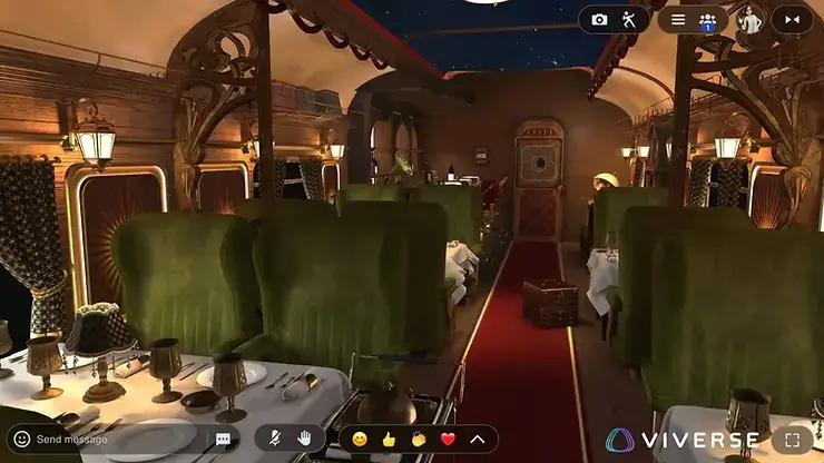 Luxurious train interior with ornate decor, green seats, white tablecloths, and elegant table settings. Warm lighting and red carpet.